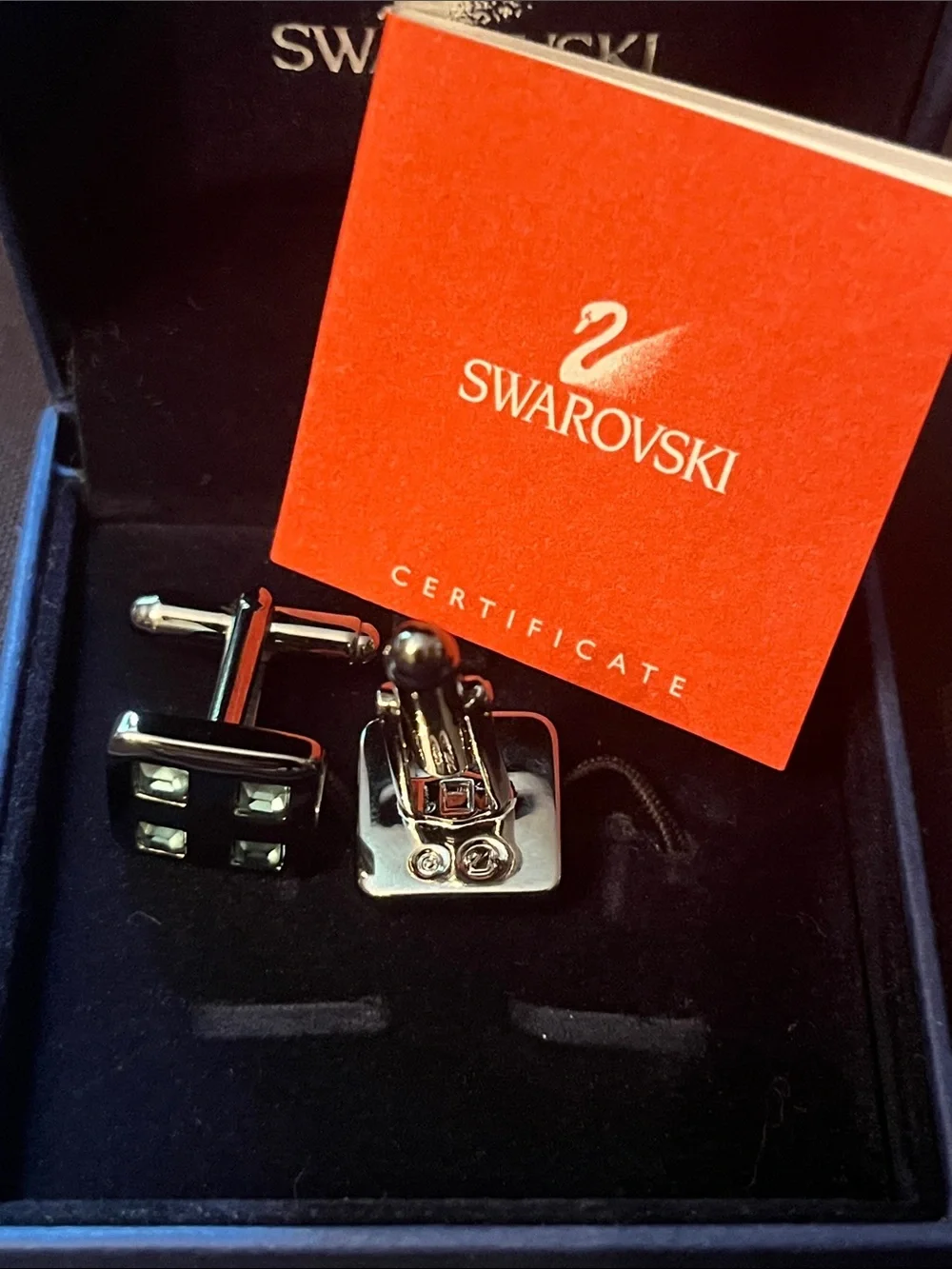 Swarovski Swan Cuff Links  Blue Crystals Gunmetal Tone Signed NOS